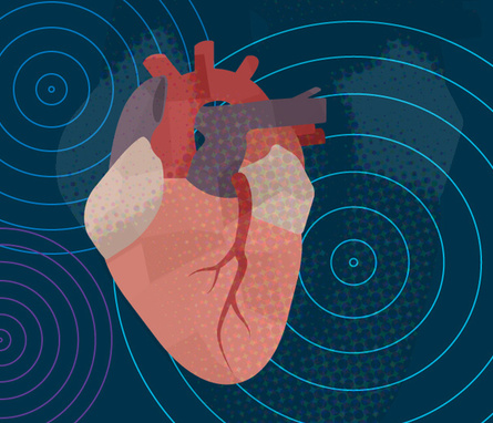 Graphic of a human heart over a dark blue background featuring several sets of light blue ripples