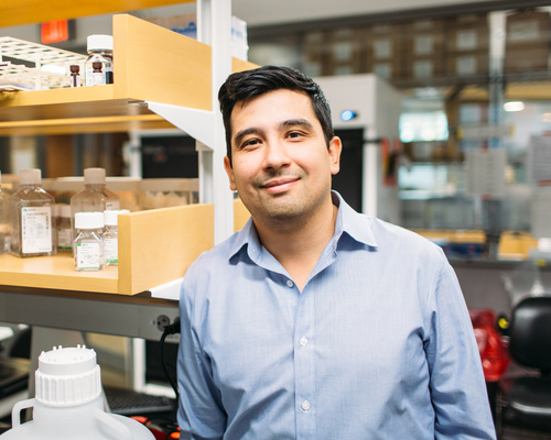 Jason Buenrostro is standing in a lab smiling at camera.