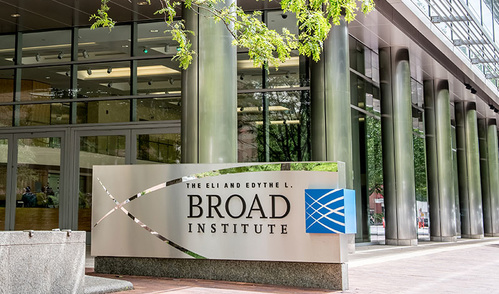 Photo of Broad Institute sign outside of Broad Institute on Main Street in Cambridge