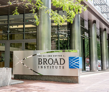 Photo of the Broad Institute sign outside of the Broad building at 415 Main St