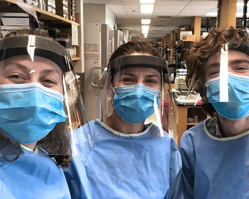 Research associates at Mass General who worked countless hours to process blood samples for the COVID Acute Cohort Study (from left to right: Anna Gonye, Irena Gushterova, and Tom Lasalle)