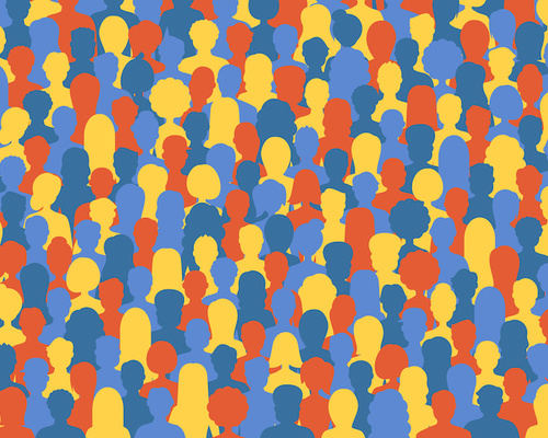 cartoon crowd of people red yellow blue