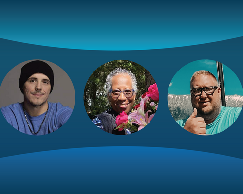 Three headshot photos of patient participants in cancer research on a blue background.