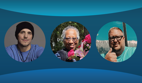 Three headshot photos of patient participants in cancer research on a blue background.