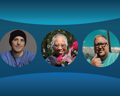 Three headshot photos of patient participants in cancer research on a blue background.
