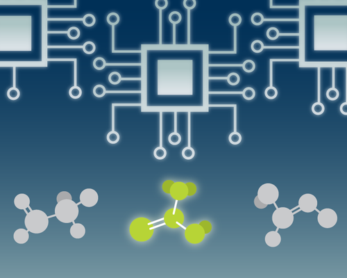 An illustration depicting microchips and circuits displayed over promising drug molecules