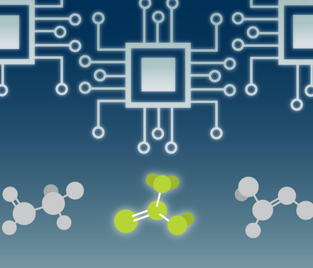 An illustration depicting microchips and circuits displayed over promising drug molecules