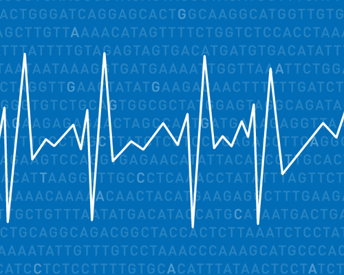 Graphic of EEG readout against blue background with DNA base letters