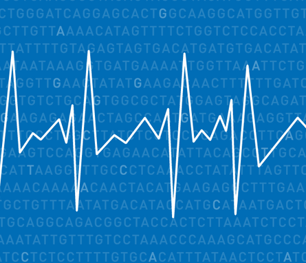Graphic of EEG readout against blue background with DNA base letters