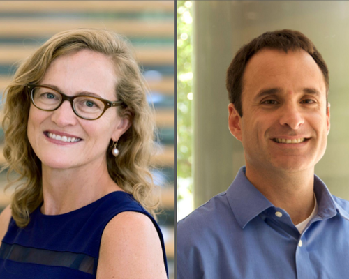 Photos of two people, Kristin Ardlie on the left and Brad Bernstein on the right. Kristin is the director of GTEx and Brad was a leader of the ENCODE Consortium.