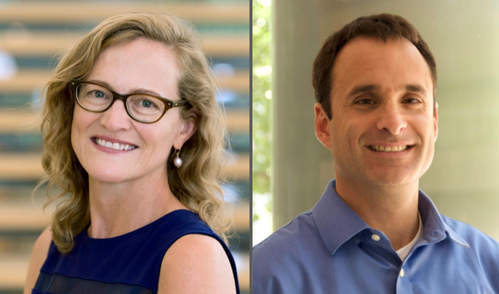 Photos of two people, Kristin Ardlie on the left and Brad Bernstein on the right. Kristin is the director of GTEx and Brad was a leader of the ENCODE Consortium.