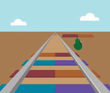 Graphic displaying a green protein filling a gap in railroad tracks that are colored like DNA.