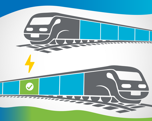 A graphic displaying two gray trains moving in opposite directions. One has a series of blue cars and the other has a series of blue cars with one green car in the middle. A lightning bolt is hitting the green car, which shows a green check mark.